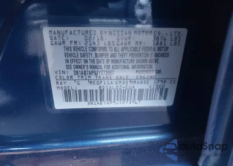 2018 Nissan Sentra Sv из США, поврежденный, VIN 3N1AB7AP9JY273967